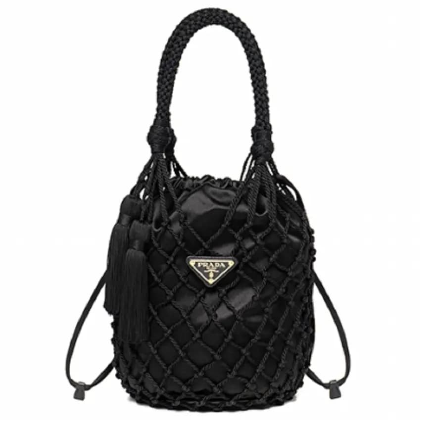 Túi Prada Women's Triangle Logo Mesh Black Bucket Bag 1BE025-2CJM-F0002