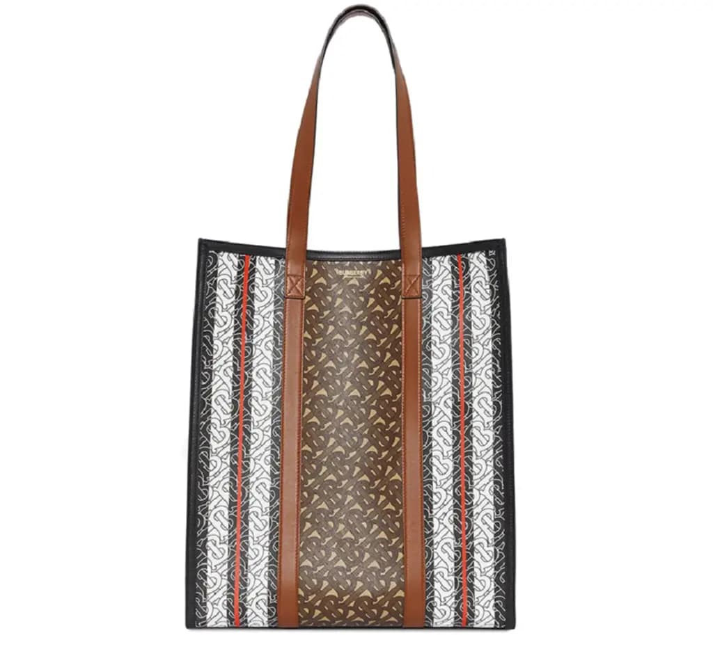 Túi Burberry Monogram Stripe E-canvas Portrait Tote Bag In Bridle 'Brown' 8021486