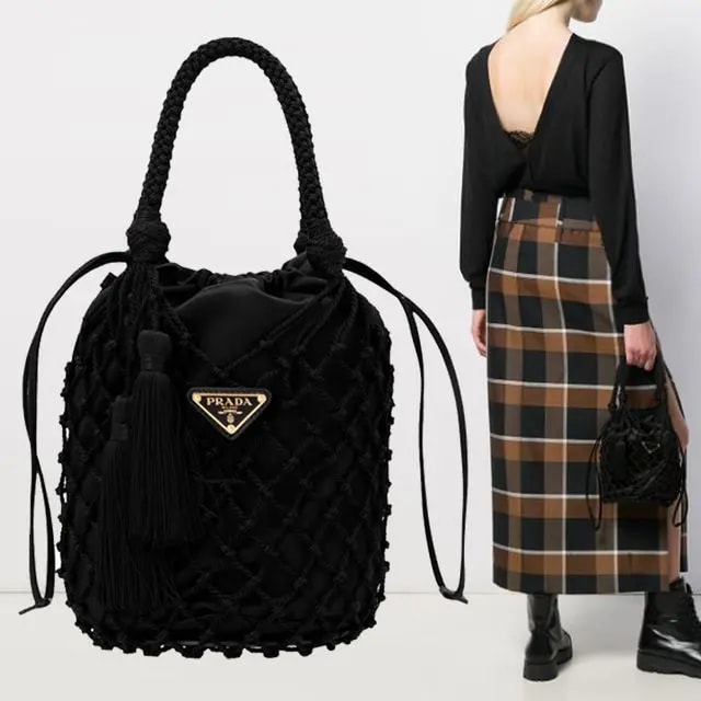 Túi Prada Women's Triangle Logo Mesh Black Bucket Bag 1BE025-2CJM-F0002 — ảnh 2