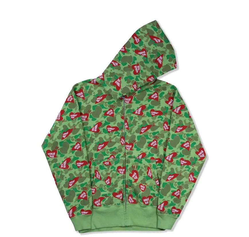 Áo Human Made Heart Camo Zip Hoodie Olive Drab HM324 — kich-thuoc: s