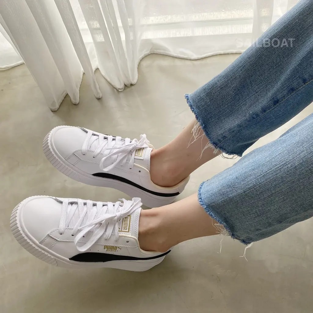 Giày Unisex Puma Basket Platform Core White Black Gold 364040-05 — ảnh 2