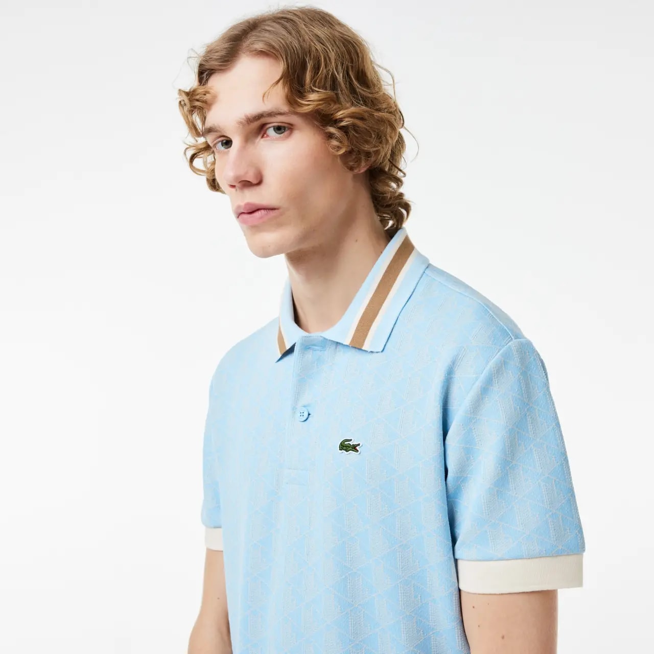 Áo Lacoste Contrast Collar Monogram Polo 'Light Blue' DH1417-WB5 — ảnh 2
