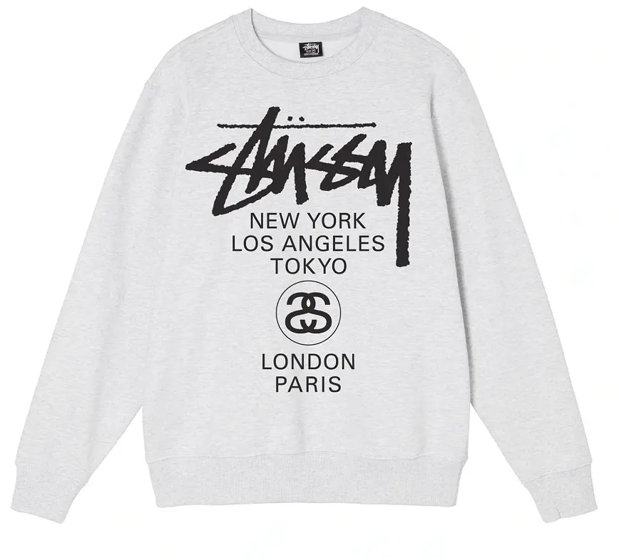 Áo Stussy World Tour Crew Sweater Grey — kich-thuoc: L Áo Stussy World Tour Crew Sweater Grey — kich-thuoc: L