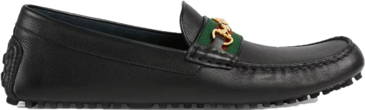 Giày Gucci Black Leather Men's Green Interlocking G Horsebit 624698 1XH10 1066 Giày Gucci Black Leather Men's Green Interlocking G Horsebit 624698 1XH10 1066