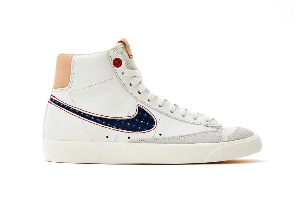 Denham thay đổi Nike Blazer Mid '77 với đường khâu Sashiko và vải kimono màu chàm tuyệt đẹp Denham thay đổi Nike Blazer Mid '77 với đường khâu Sashiko và vải kimono màu chàm tuyệt đẹp