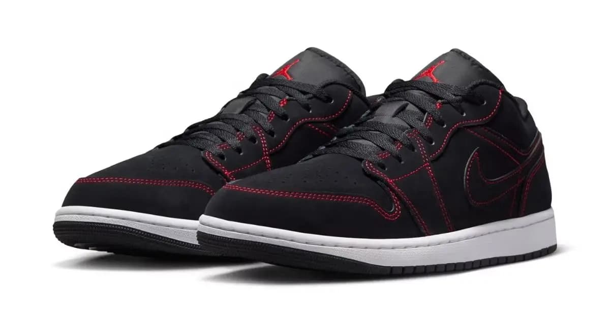Jordan 1 Low nổi bật với chất liệu nubuck đen và đường chỉ đỏ Jordan 1 Low nổi bật với chất liệu nubuck đen và đường chỉ đỏ