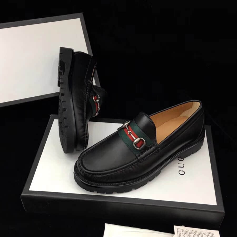 Alternative view of Giày Gucci Men's Web Three Stripe Horsebit Leather Black Loafers 496246 ARPA0 1098