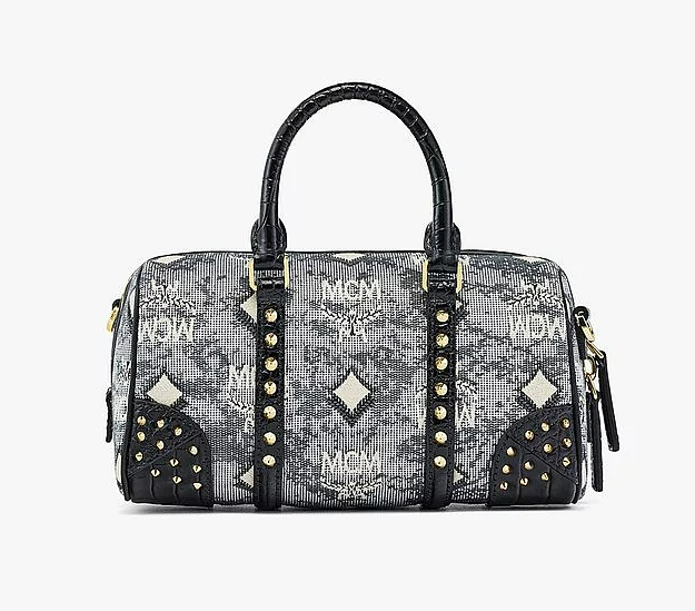 MCM Grained Calfskin Studded Boston Bag Black 914060