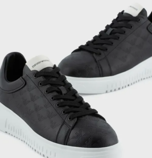 Alternative view of Giày Armani Leather Sneakers With All-over Eagle Logo 'Black'
