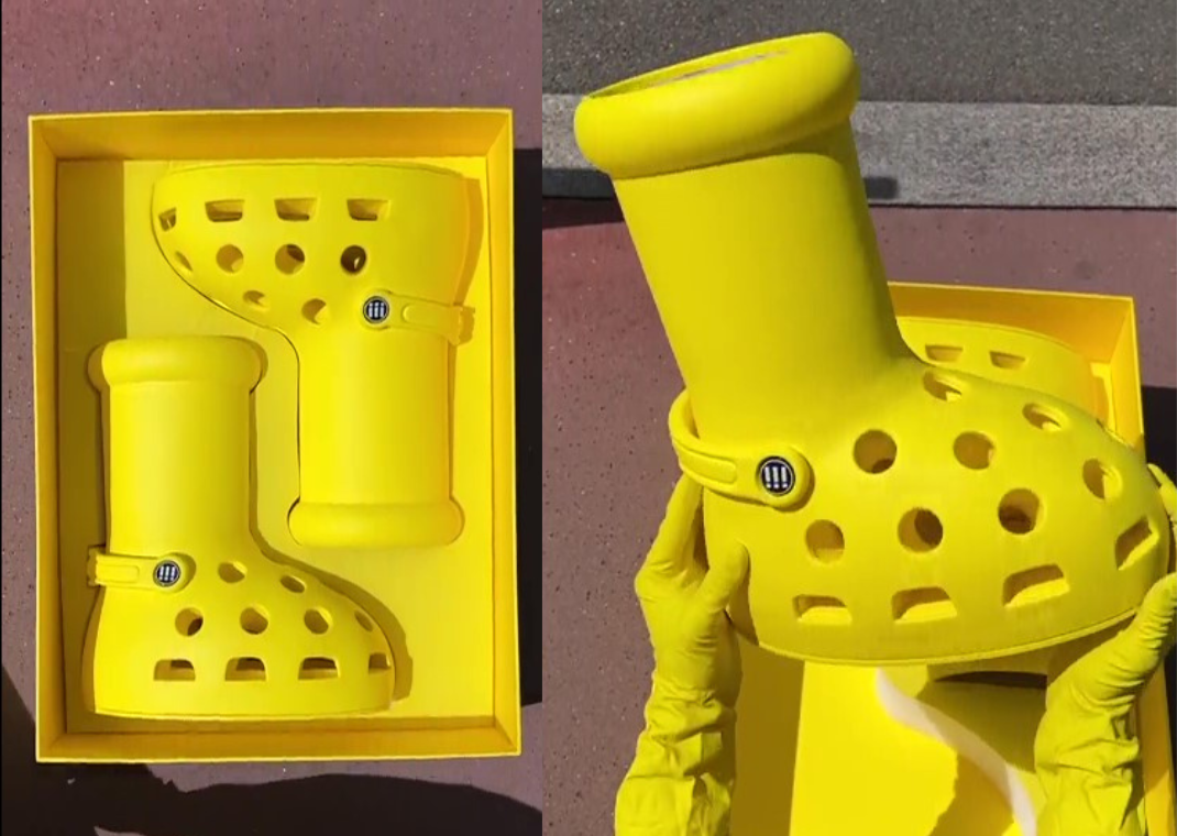 Hinh anh 2: MSCHF x Crocs Big Yellow Boots chiem tron spotlight tai Paris Fashion Week