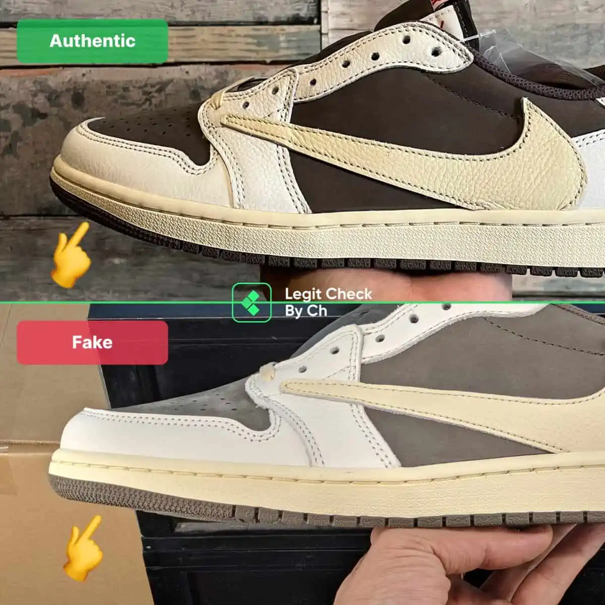 Hinh anh 4: Nhung meo de phan biet Travis Scott Jordan 1 Low "Reverse Mocha" real va fake
