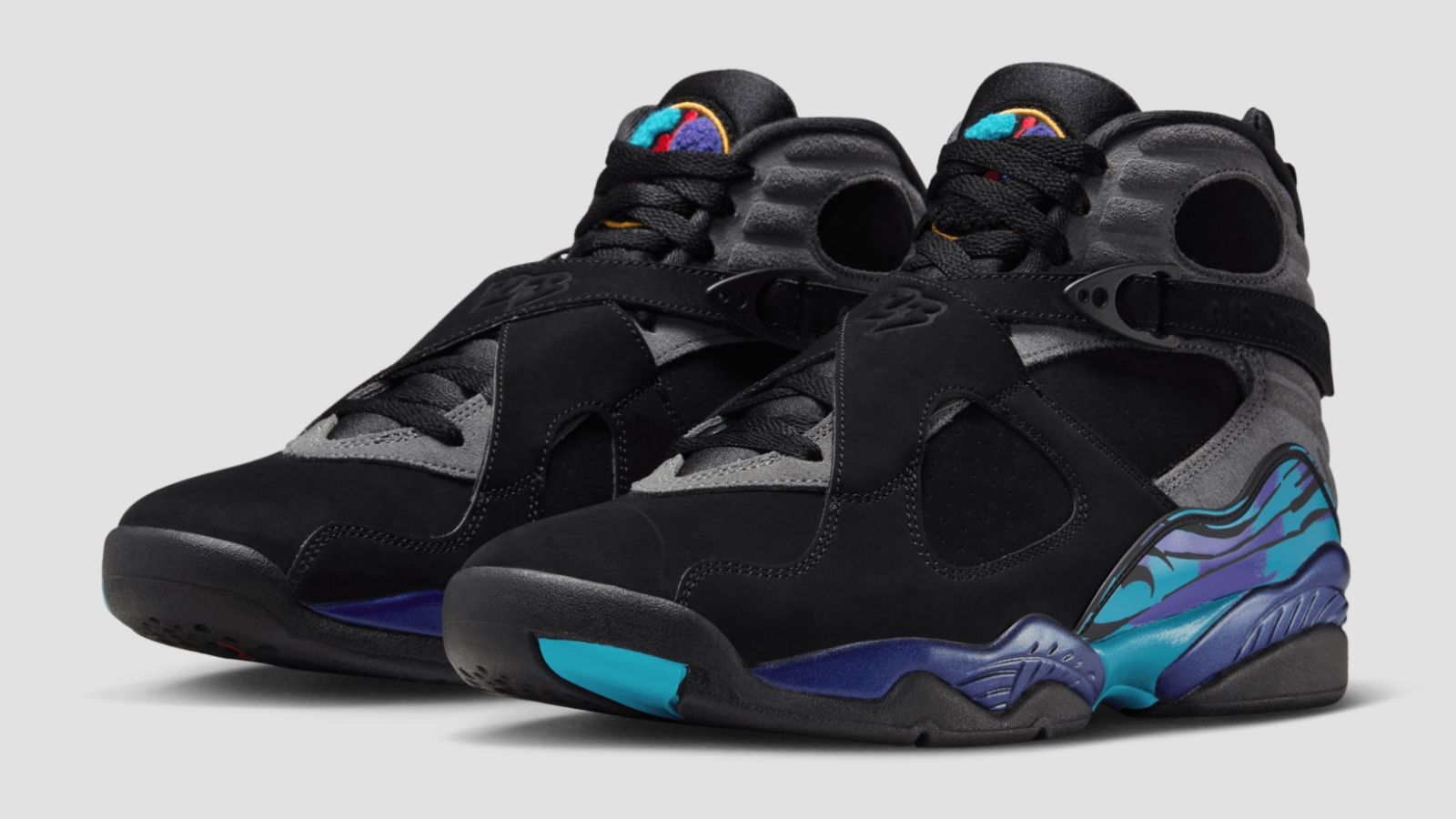 Hinh anh 1: Air Jordan 8 “Aqua” 2025 voi phoi mau tim va xanh, phien ban gan giong ban goc nam 1993.