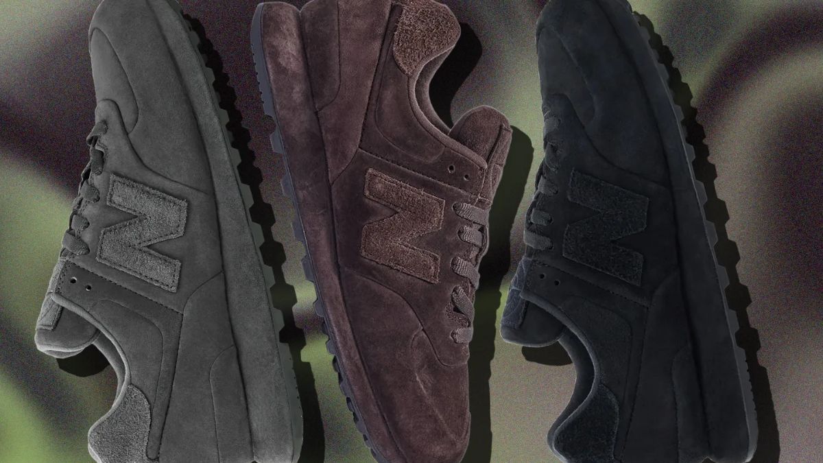 Stone Island x New Balance 574 Ghost: Giay sneaker toi gian voi ba phoi mau Dark Brown, Grey, Navy, ra mat tai London Fashion Week.