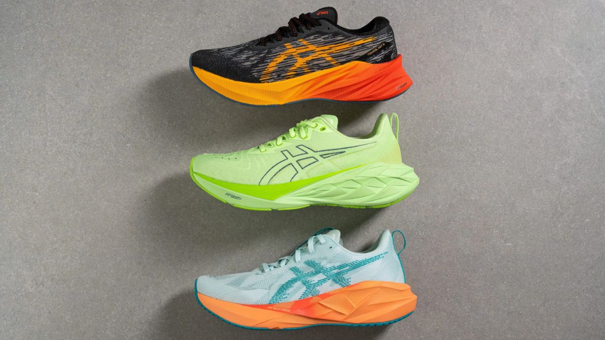 Giay Asics Novablast 5 mau xanh, thiet ke moi cho chay bo