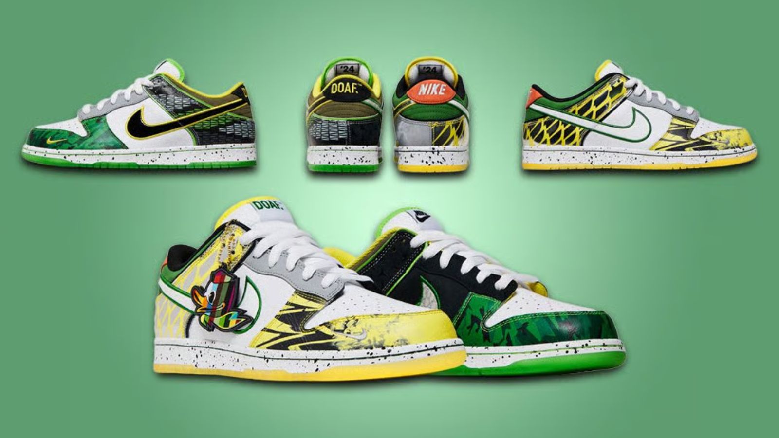 Hinh anh 7: Air Jordan 4 Oregon Ducks PE, giay sneaker doc quyen voi phoi mau xanh la cay va vang dac trung cua Dai hoc Oregon.