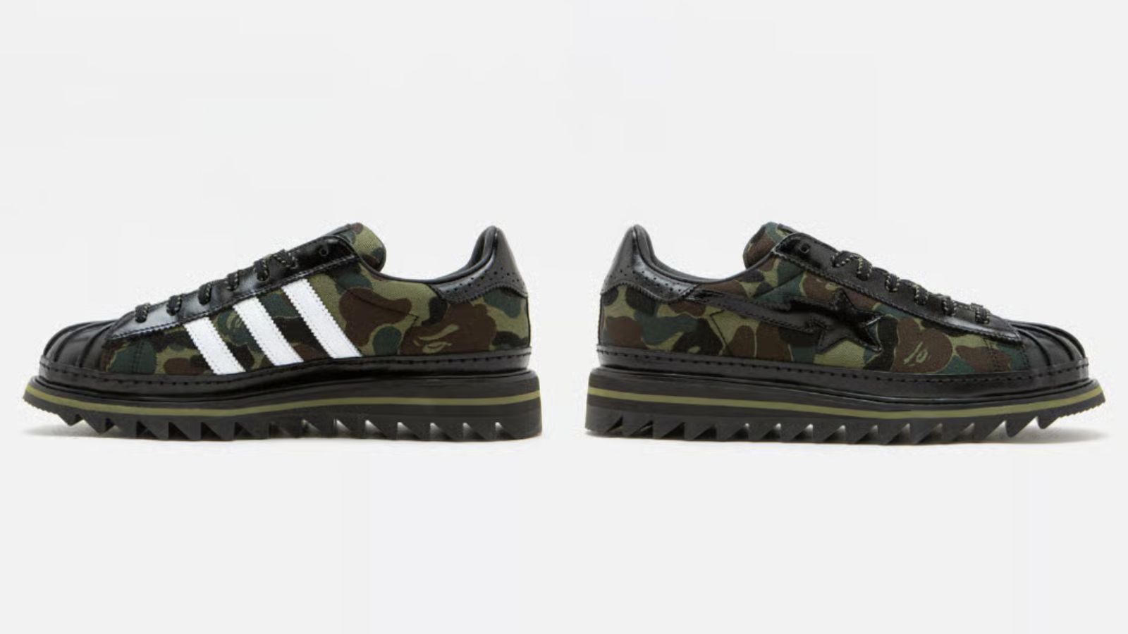 Hinh anh 3: Hinh anh doi giay CLOT x BAPE x adidas Superstar doc quyen tai ComplexCon voi thiet ke khong doi xung.