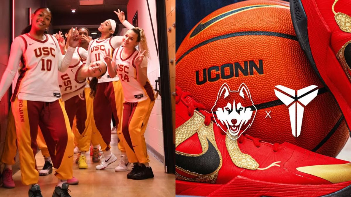 Tran dau bong ro nu UConn vs USC tri an Kobe Bryant voi giay Nike Kobe tren san.