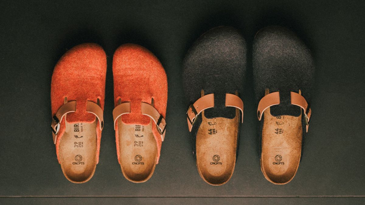 Hinh anh bo suu tap Concepts x Birkenstock Boston Felt voi thiet ke len felt va quai da tu nhien