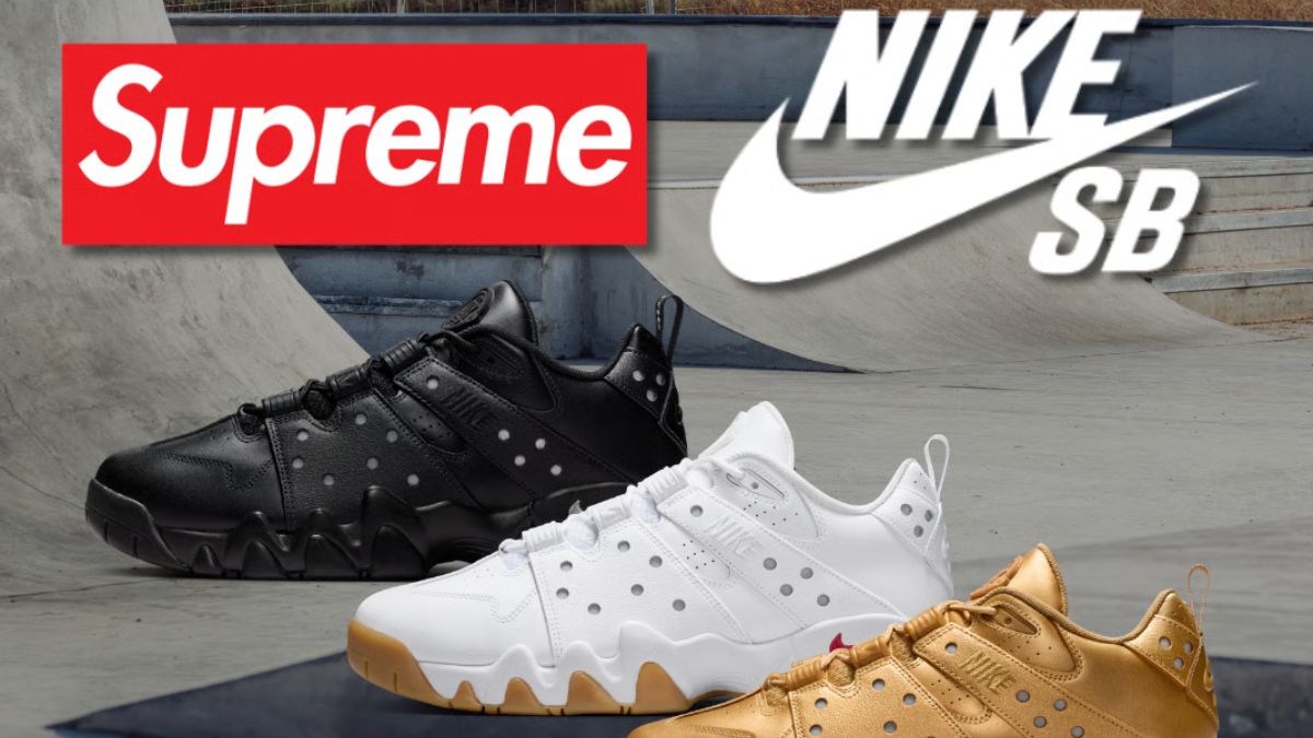 Giay Supreme x Nike SB Air Max CB ‘94 Low phoi mau den, trang, va vang metallic cho tuan 2 SS26