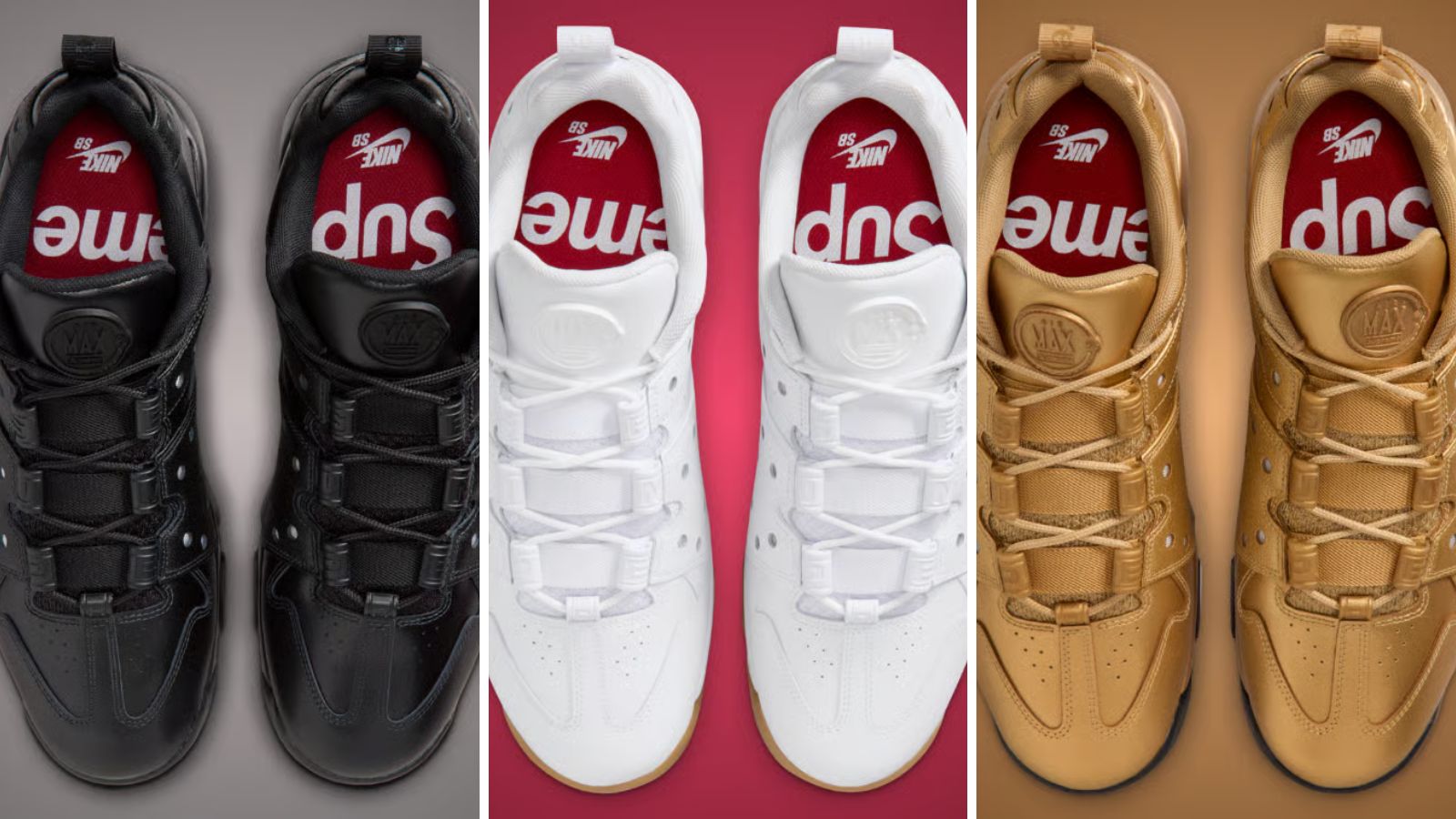 Hinh anh 4: Giay Supreme x Nike SB Air Max CB ‘94 Low phoi mau den, trang, va vang metallic cho tuan 2 SS26