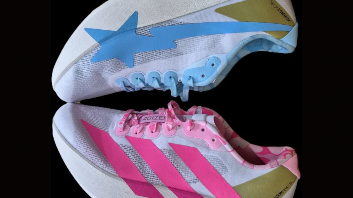 Giay BAPE x adidas Adizero Evo SL voi hoa tiet ABC Camo va thiet ke bat doi xung