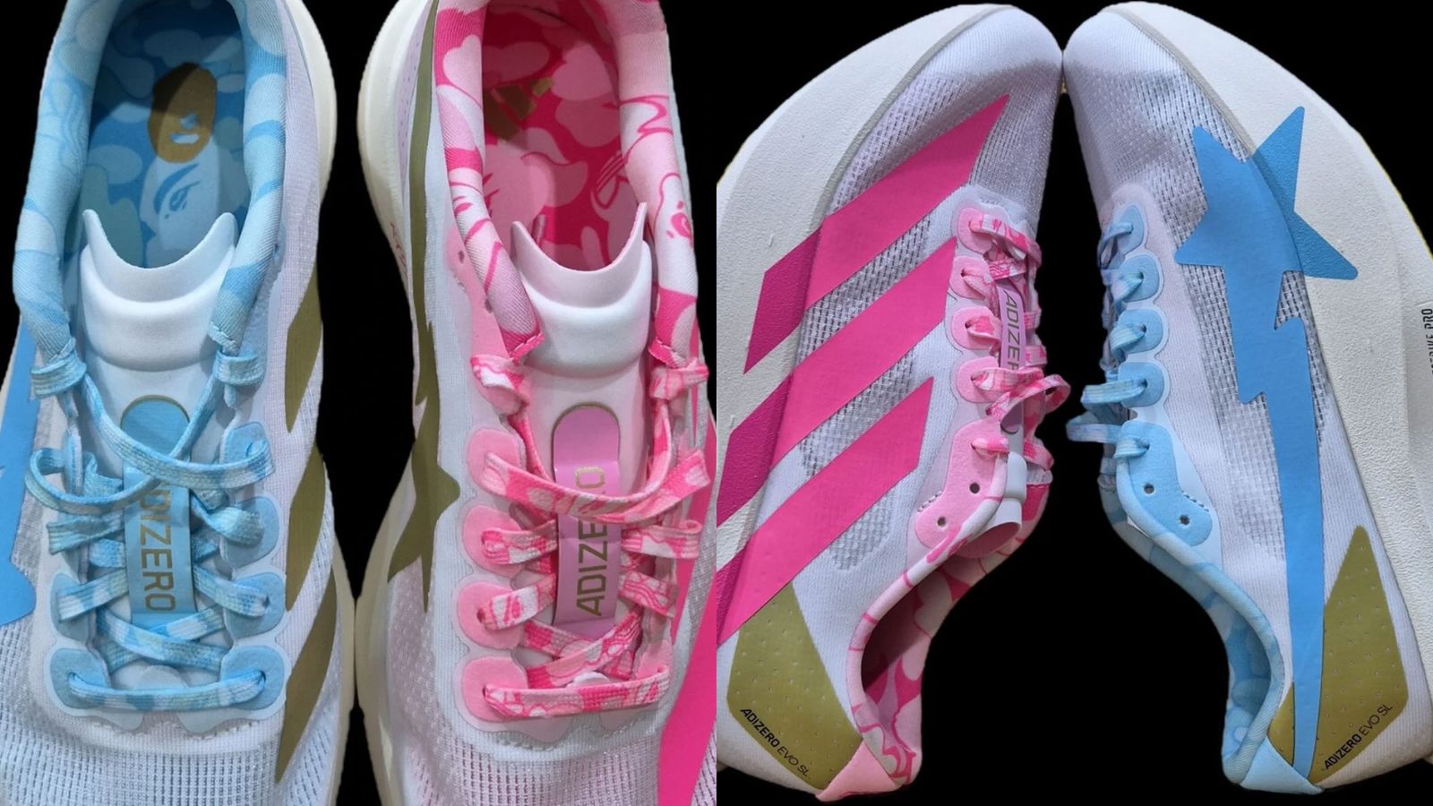 Hinh anh 3: Giay BAPE x adidas Adizero Evo SL voi hoa tiet ABC Camo va thiet ke bat doi xung