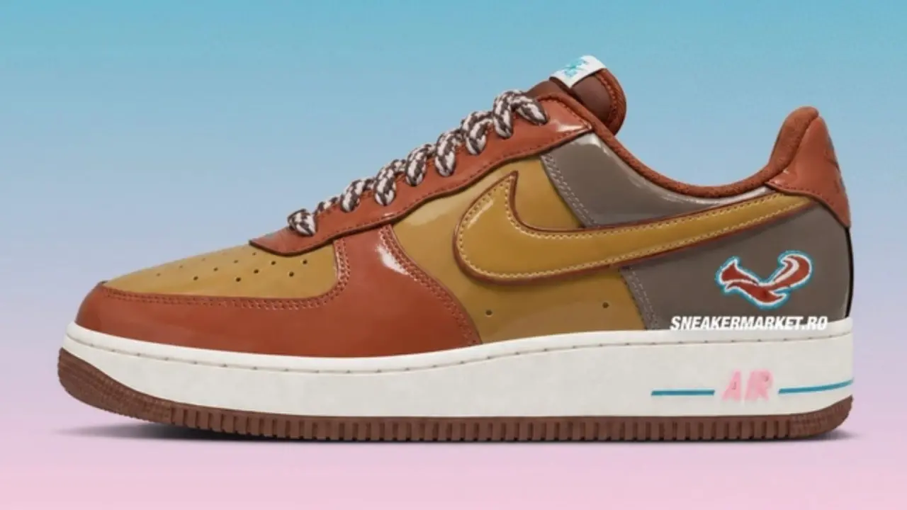 Hinh anh 1: Hinh anh mo phong NIGO x J-Hope x Nike Air Force 1 Low '01 voi hai phoi mau Burnt Sunrise va Metallic Gold