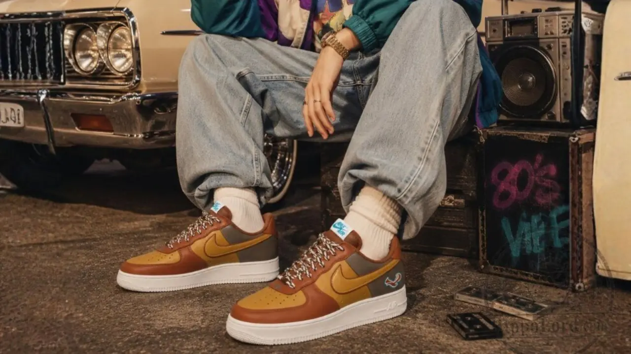 Hinh anh 5: Hinh anh mo phong NIGO x J-Hope x Nike Air Force 1 Low '01 voi hai phoi mau Burnt Sunrise va Metallic Gold