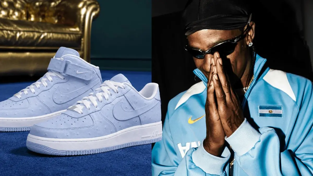Travis Scott mang doi giay Nike Air Force 1 'Ice Blue' voi thiet ke doc dao.