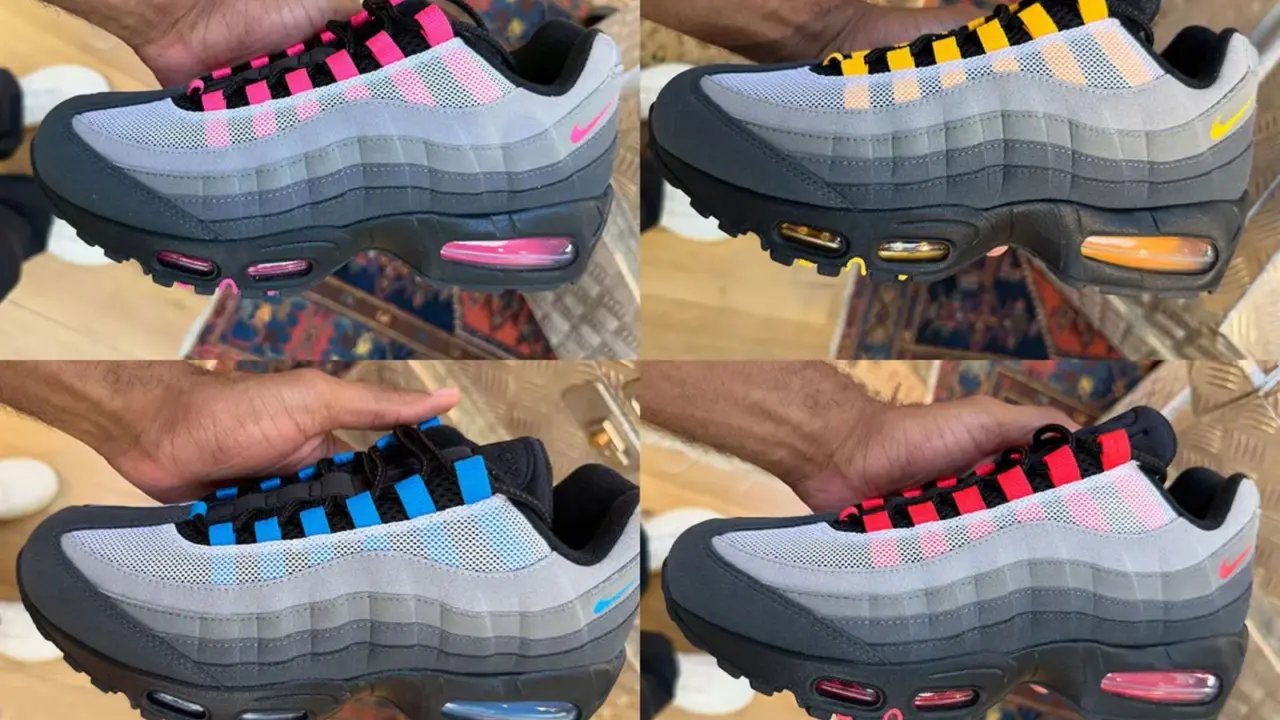 Hinh anh 1: Hinh anh Nike Air Max 95 Black Tongue Pack voi luoi ga den, phoi mau OG, xuat hien tai Paris Fashion Week.