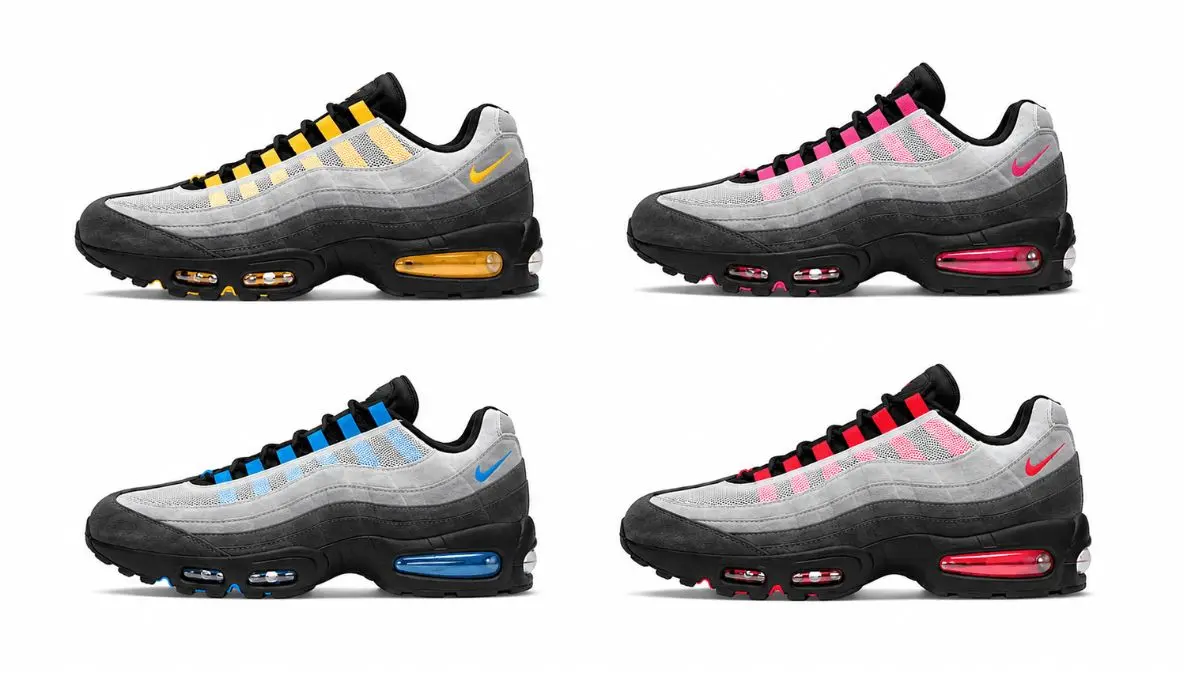 Hinh anh Nike Air Max 95 Black Tongue Pack voi luoi ga den, phoi mau OG, xuat hien tai Paris Fashion Week.